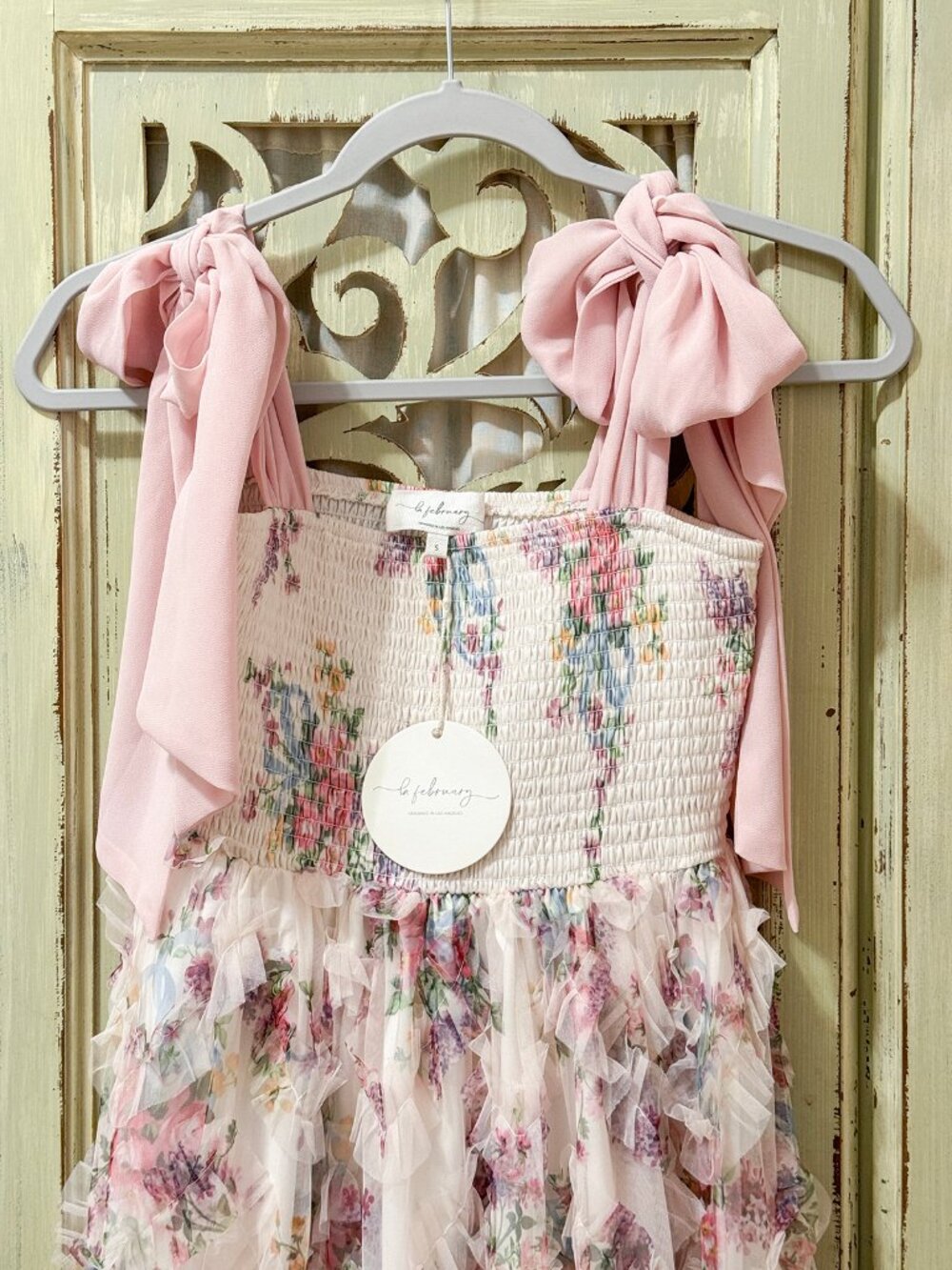 Light Pink Floral Print Ruffle Shoulder Tie Maxi Dress Small Prom Homecoming NWT
